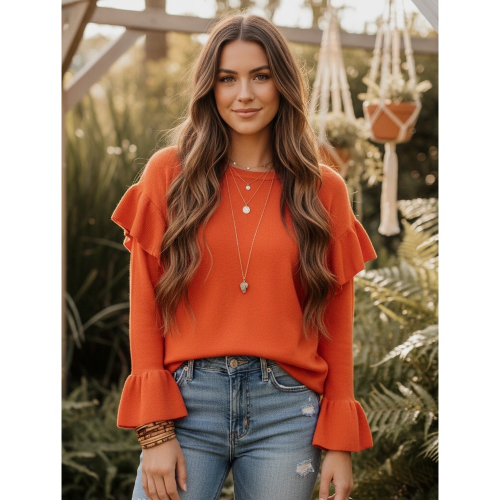 Umgee Orange Red Ruffle Bell Sleeve Sweater Cottage Boho Coastal Chic Size M